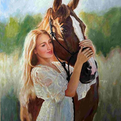 Romantic girl in white dress with her horse